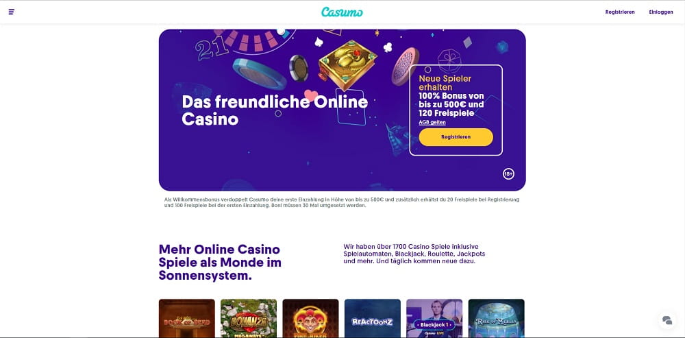 die Startseite des Casuma Casinos