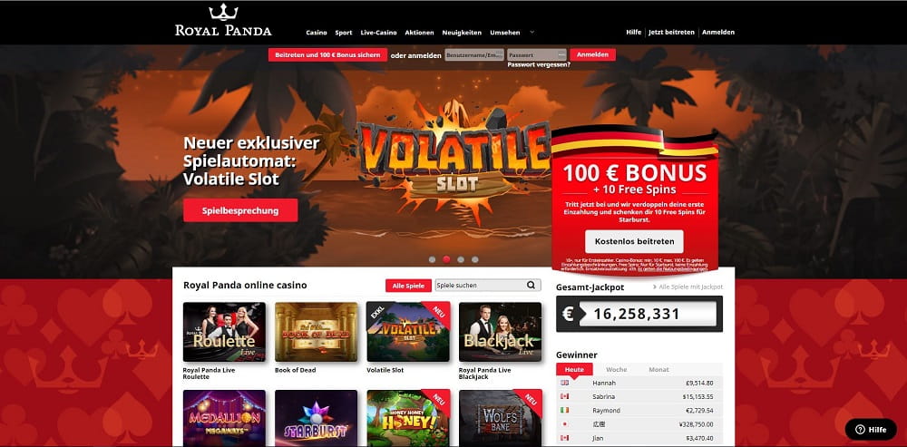 Die Startseite des Royal Panda Casino und das exklusive Spielautomaten Spiel - Volatile