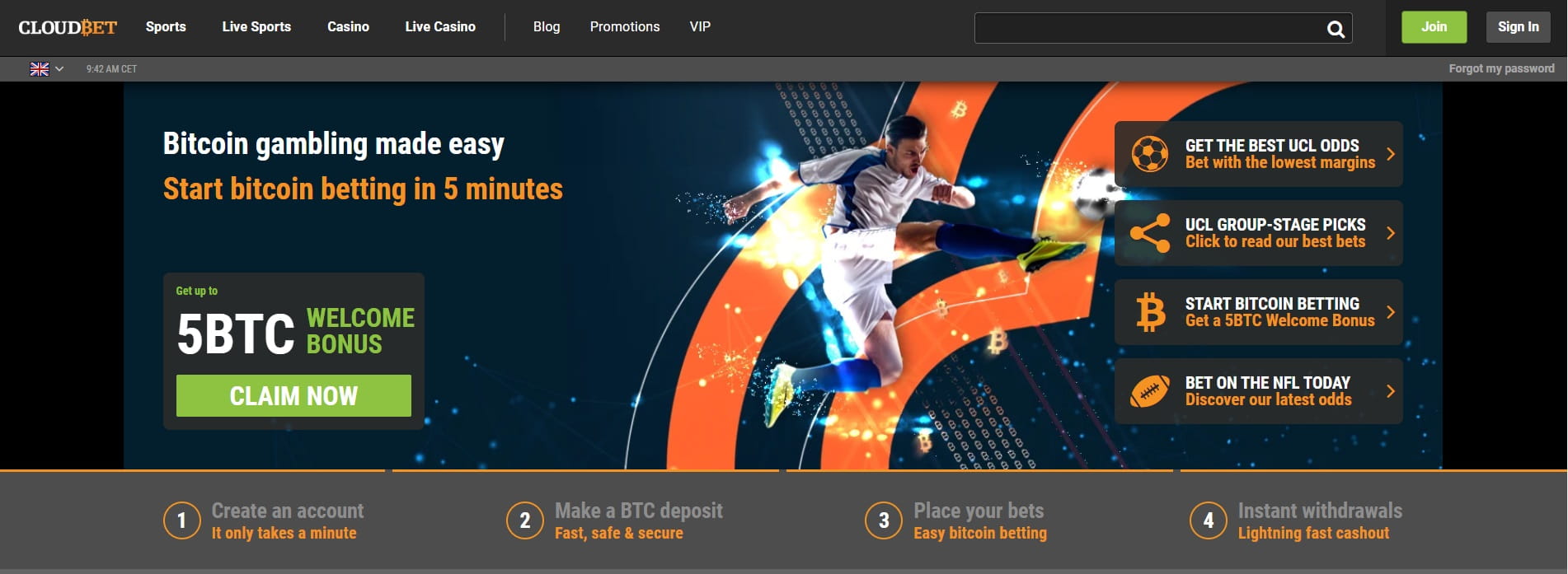 Die Homepage des Cloudbet Casino mit Bonus