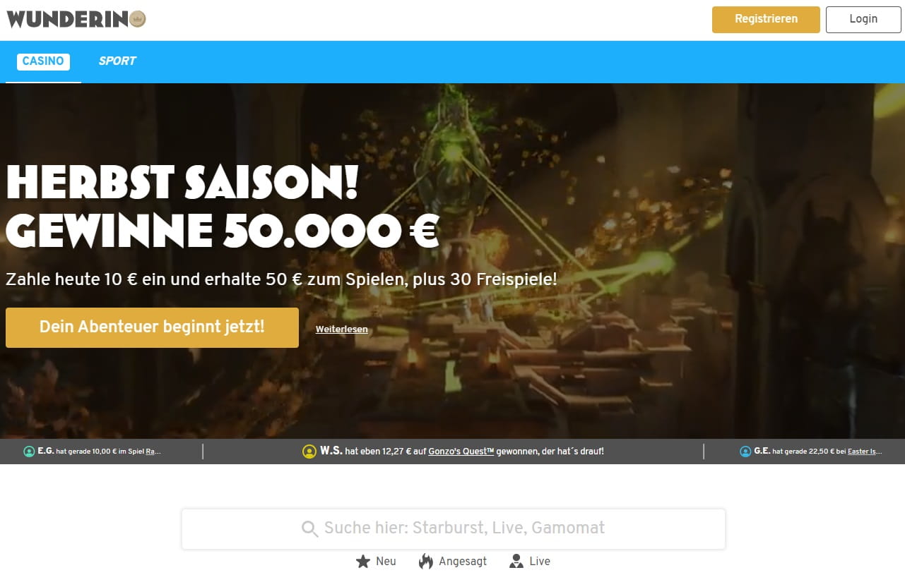 Die Homepage des Wunderino Casinos mit entsprechendem Willkommensbonus
