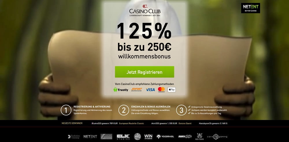 Die Startseite von CasinoClub mit dem attraktiven Willkommensbonus