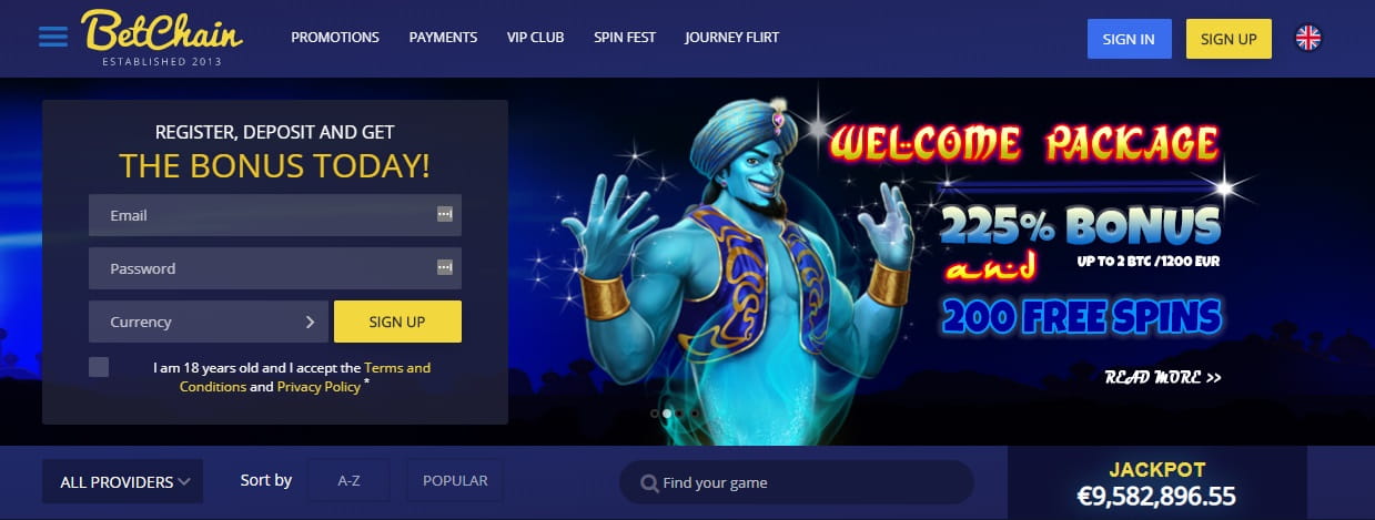 Die Homepage des Betchain Casino mit Willkommensbonus