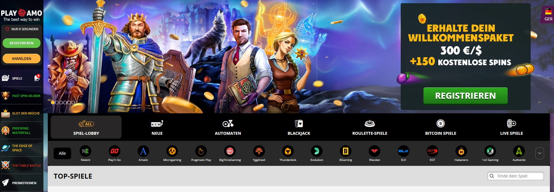 Homepage des PlayAmo Casino mit Bonus