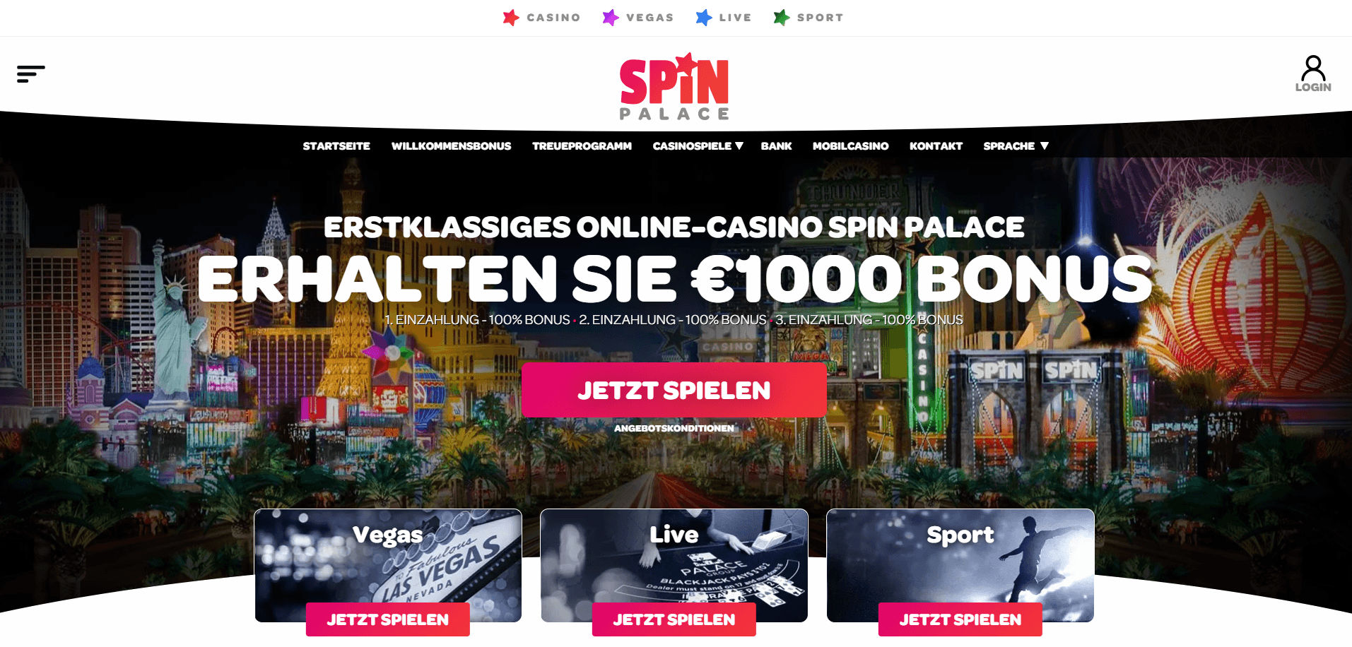 Die Homepage des Spin Palace Casinos